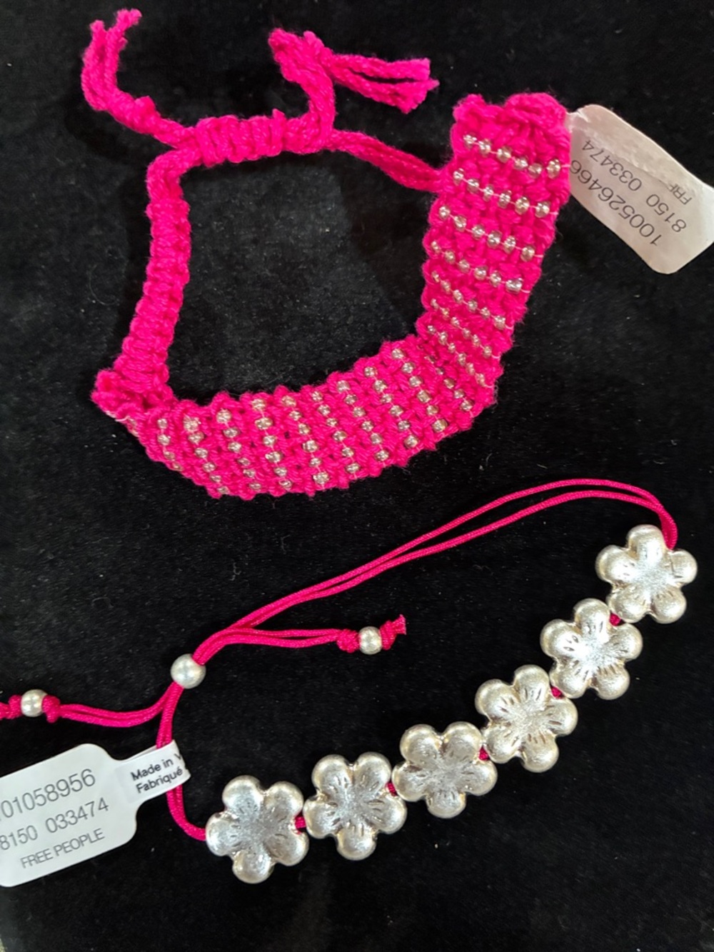 Free People Hot Pink Beaded Bracelet & Silver Flower Bracelet
